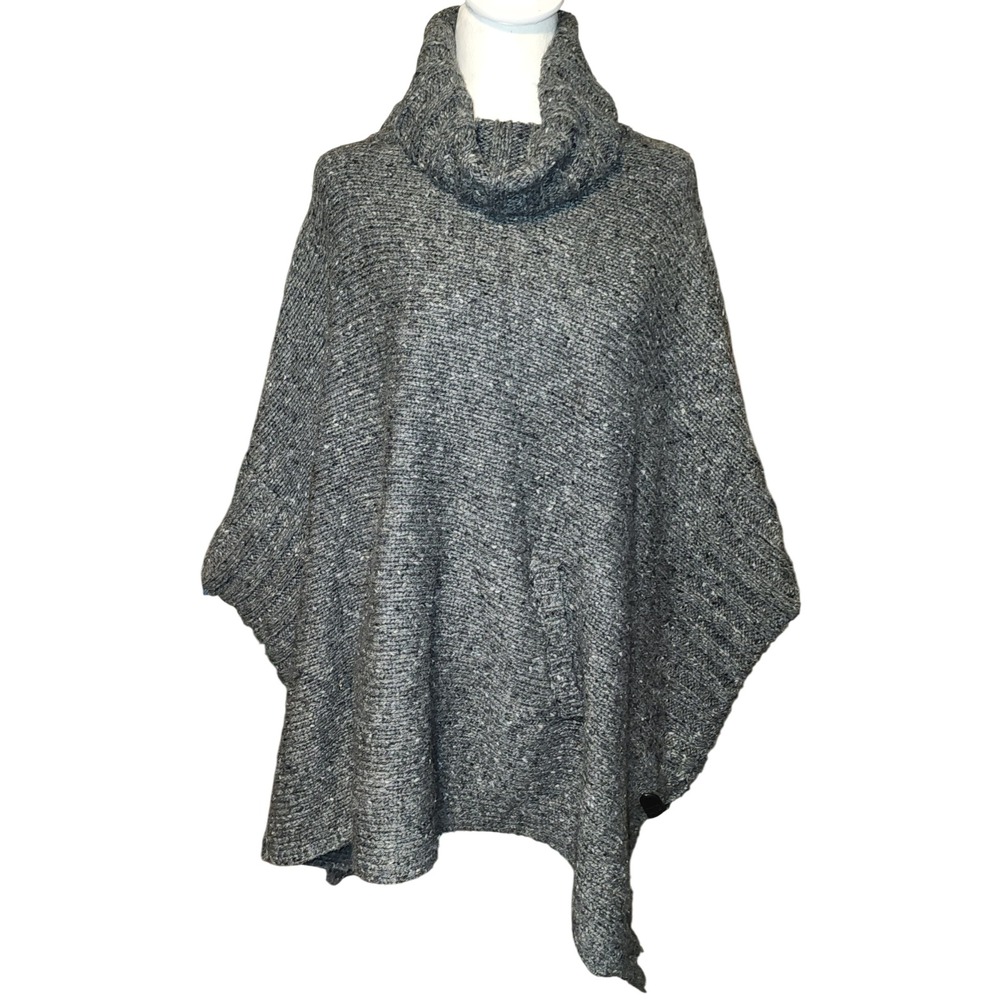 Cynthia Rowley Gray Tweed Knit Turtleneck Poncho Sweater Cape M  Quite Luxury